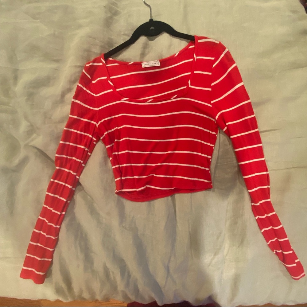 Long Sleeve Red and White Stripped Crop Top Size Small